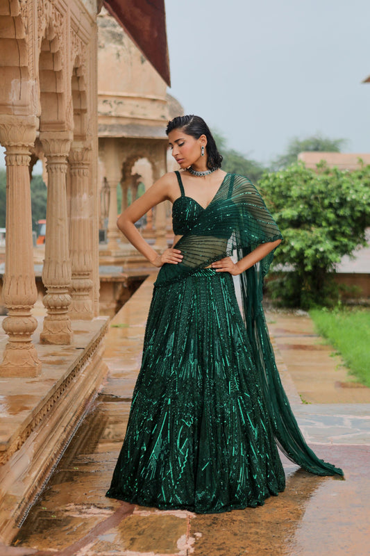 GREEN LEHENGA SAREE SET