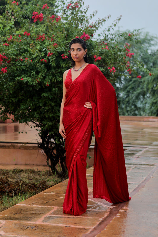 MAROON SATIN SAREE SET