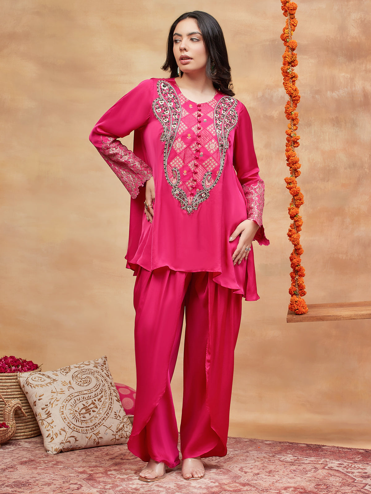 REWA GULABI HAND EMBROIDERED BANARASI DHOTI SET