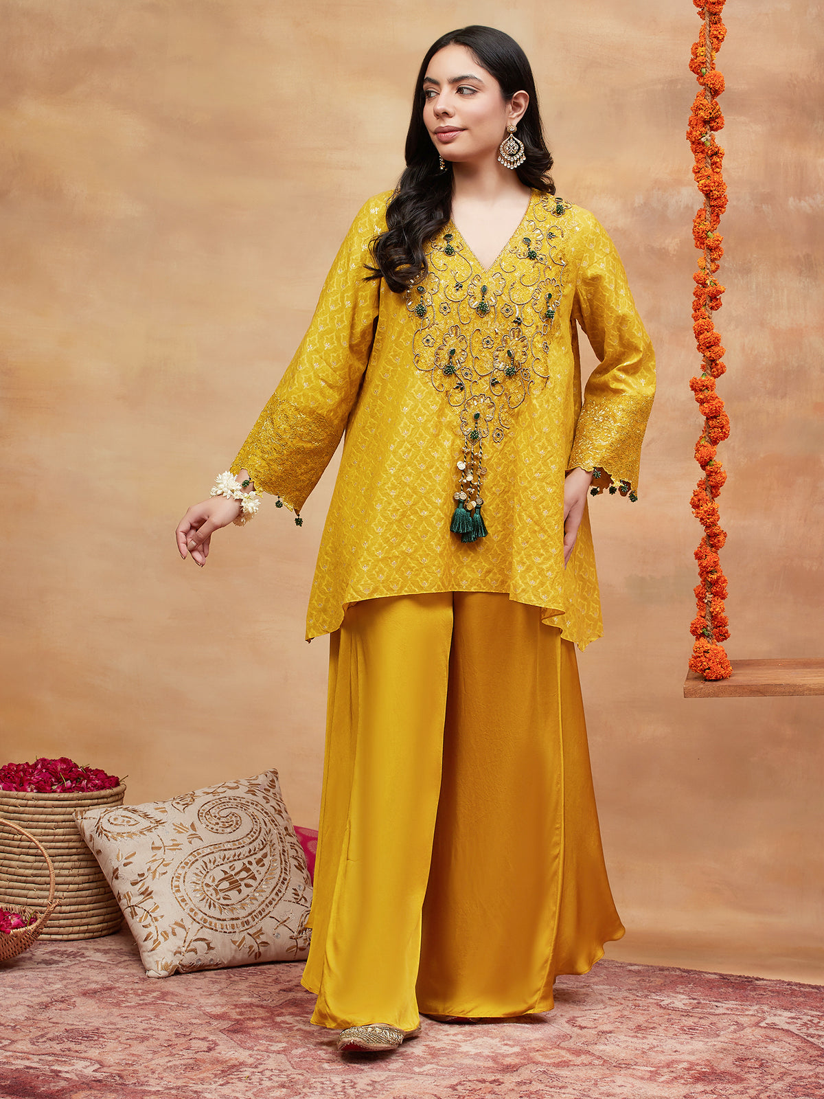 MANSAROVAR GENDA HAND EMBROIDERED BANARASI FLARED PANT SET
