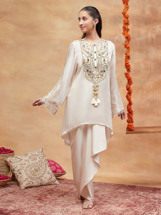 PANCHGANGA IVORY HAND EMBROIDERED BANARASI SKIRT SET