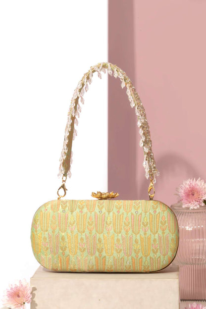TITLI PURE BANARASI SILK CAPSULE CLUTCH - GREEN