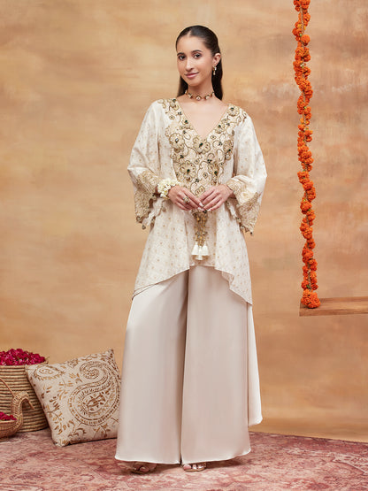 MANSAROVAR IVORY HAND EMBROIDERED BANARASI FLARED PANT SET