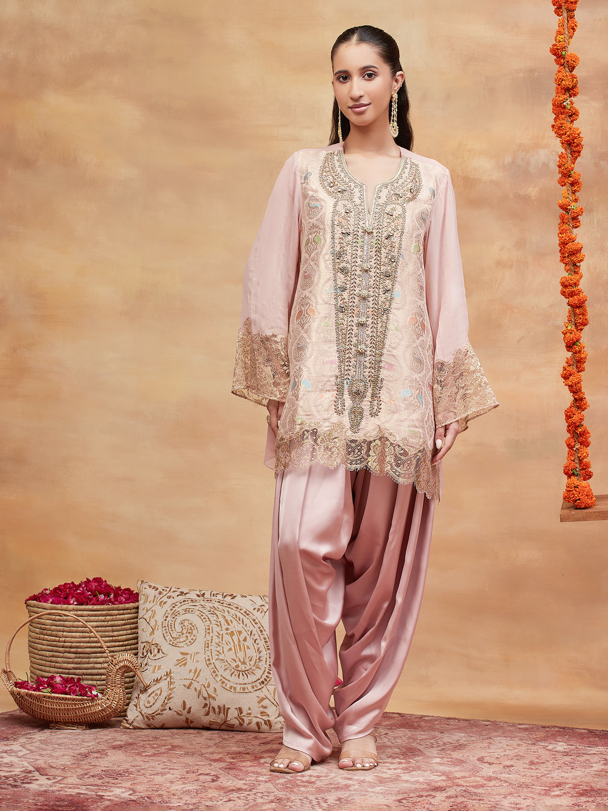 AHILYA GULAB HAND EMBROIDERED BANARASI DHOTI SET