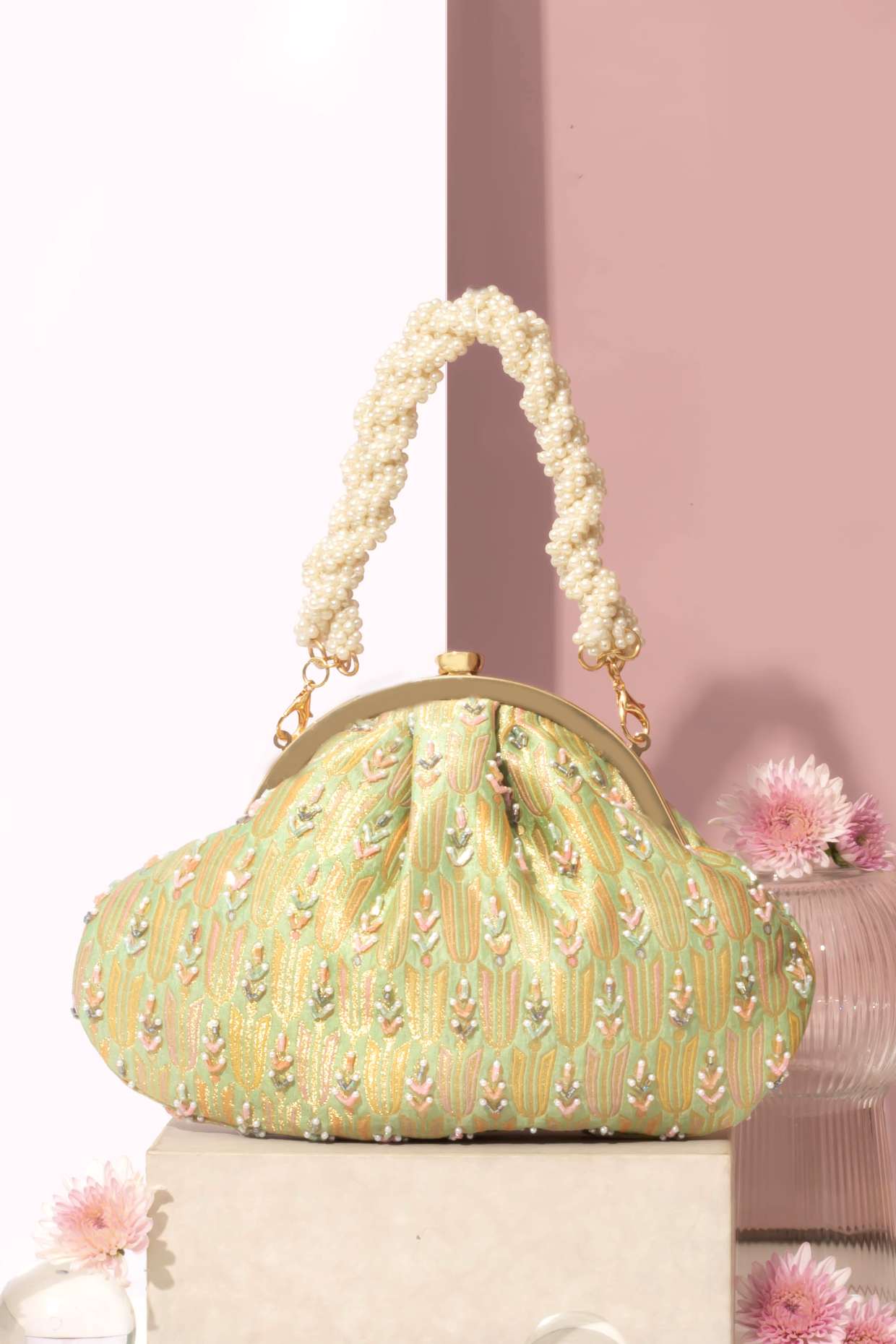 TITLI PURE BANARASI SILK VINTAGE PURSE - GREEN