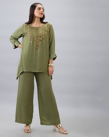 OLIVE GREEN EMBROIDERED CO-ORD SET