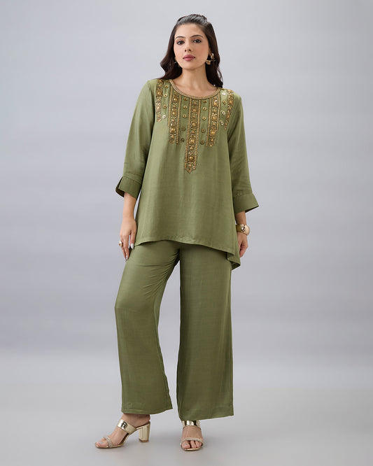 OLIVE GREEN EMBROIDERED CO-ORD SET