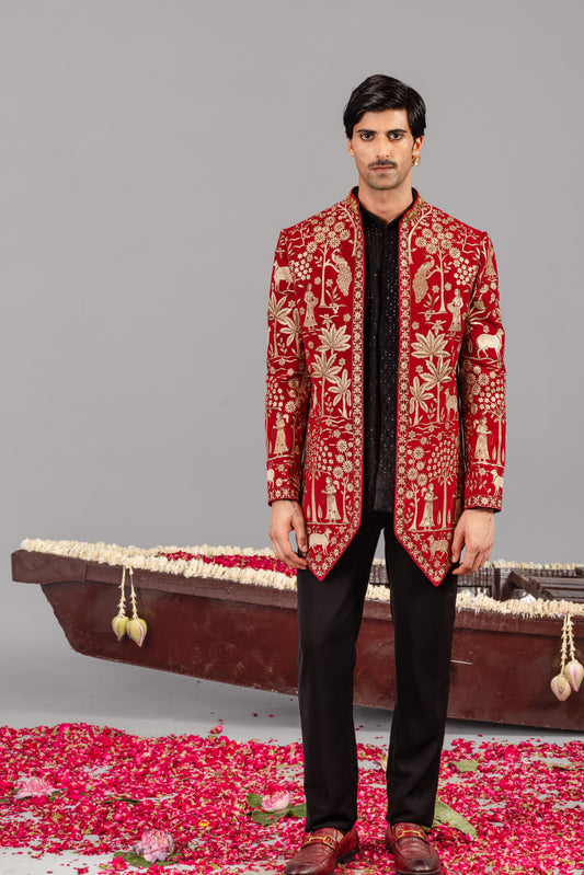 PICHWAI RED JODHPURI SET