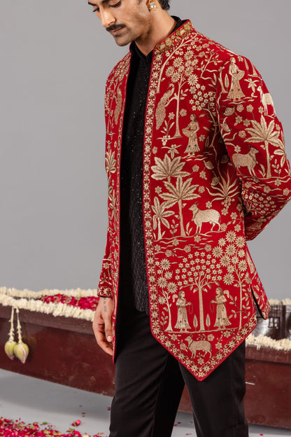 PICHWAI RED JODHPURI SET