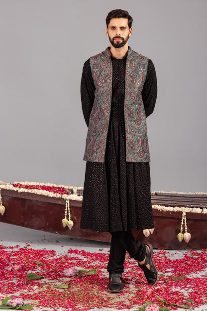 KASHMIRI MEHENDI KURTA JACKET SET