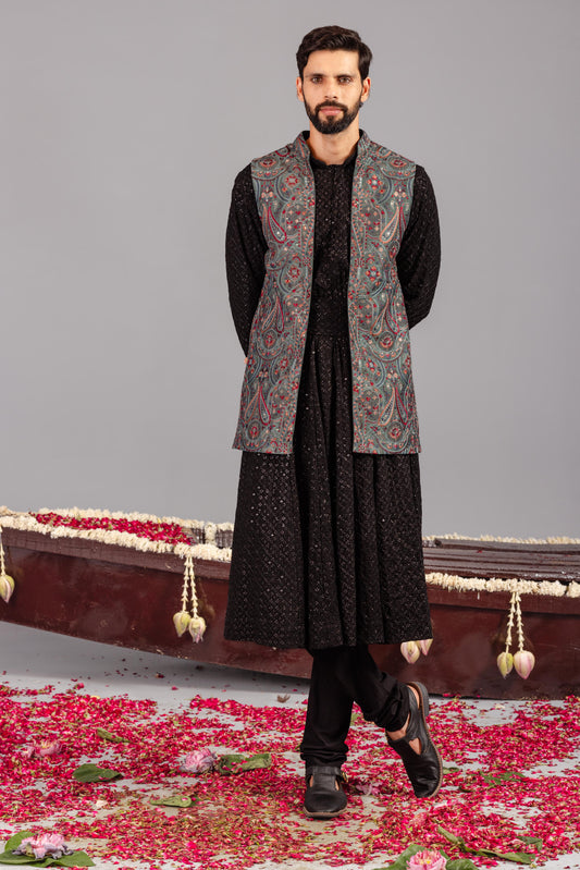 KASHMIRI MEHENDI KURTA JACKET SET