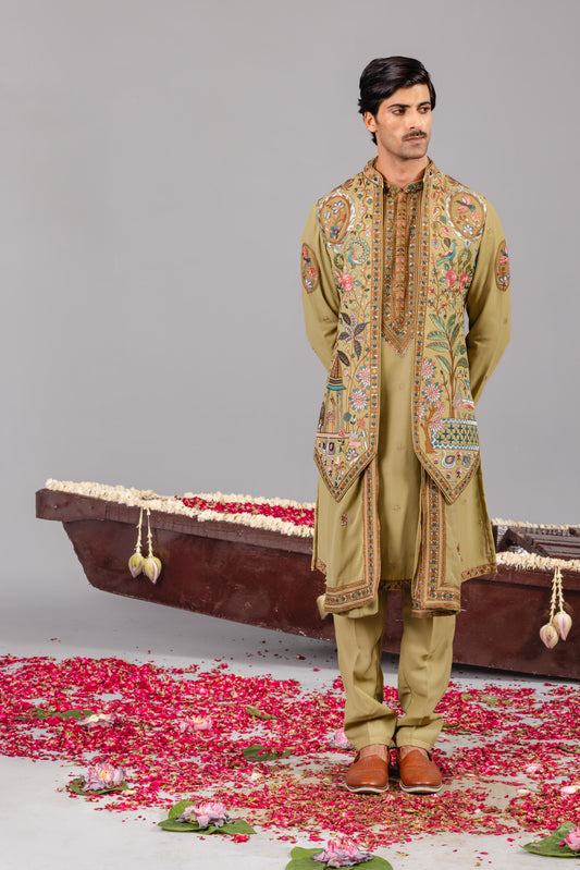 BAGICHA TALE MEHNDI KURTA JACKET SET