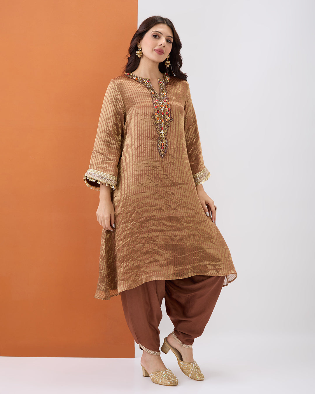 COPPER TISSUE KURTA & DHOTI PANT SET