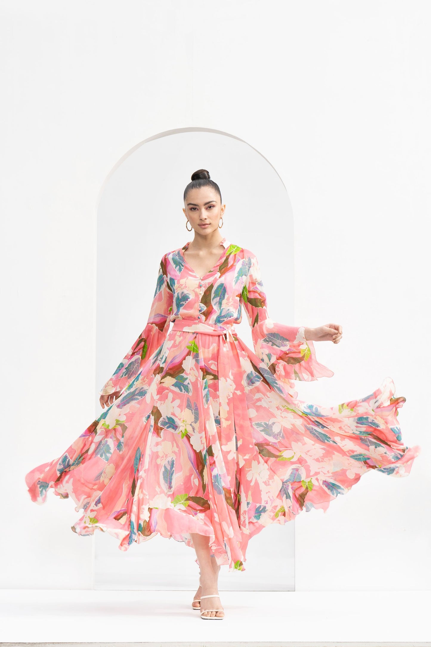 PEACH TROPICAL CHIFFON DRESS