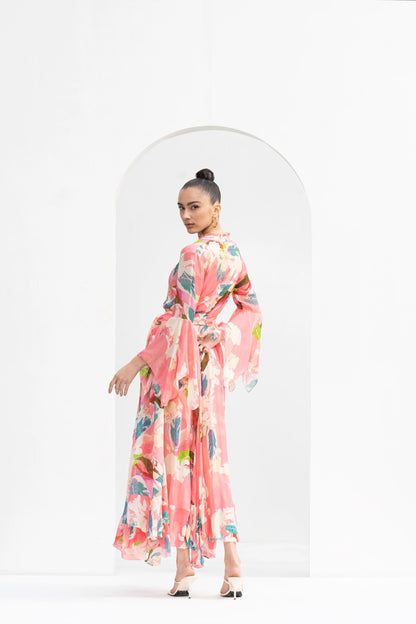 PEACH TROPICAL CHIFFON DRESS