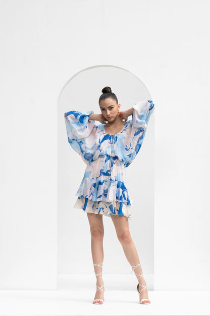 MYSTIC BLUE PRINTED CHIFFON DRESS