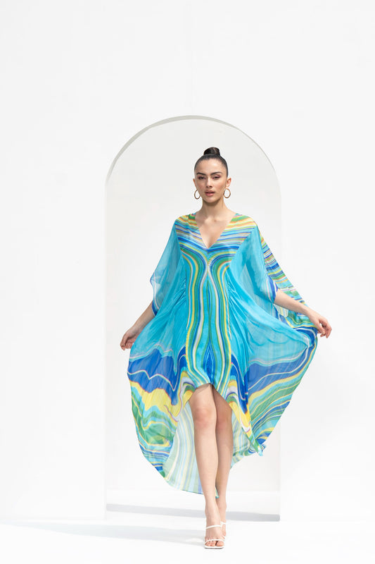 BLUE MARBLE PRINTED KAFTAN DRESS