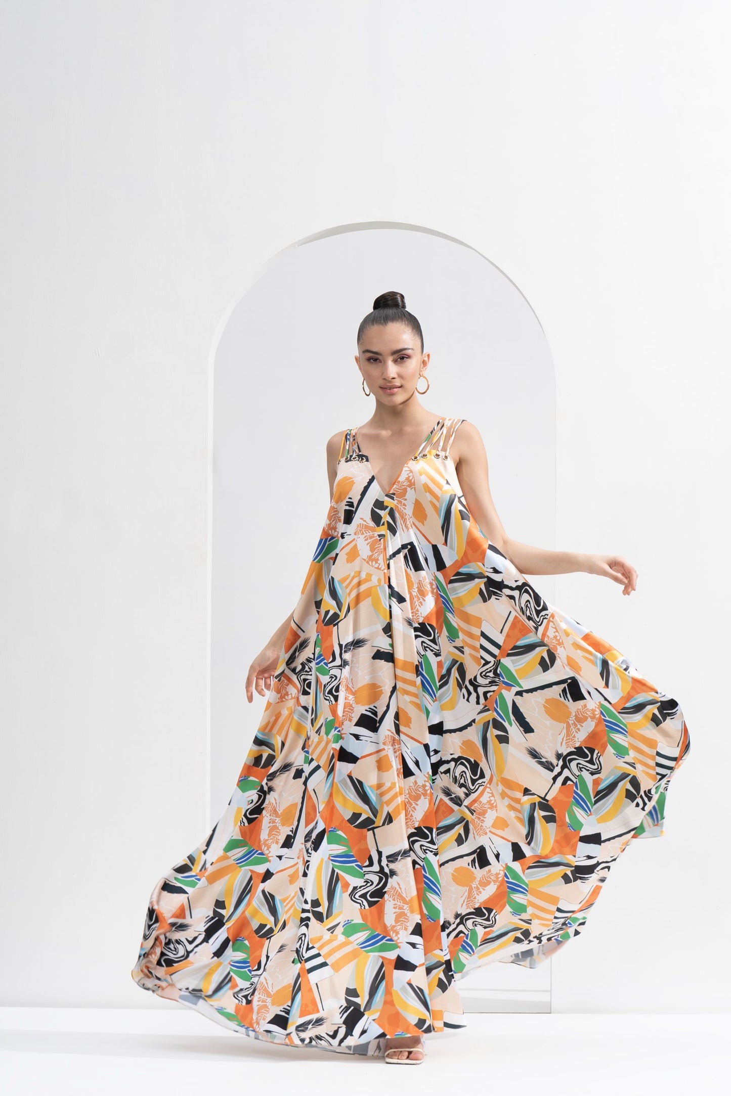 YELLOW ABSTRACT PRINTED LONG DRESS