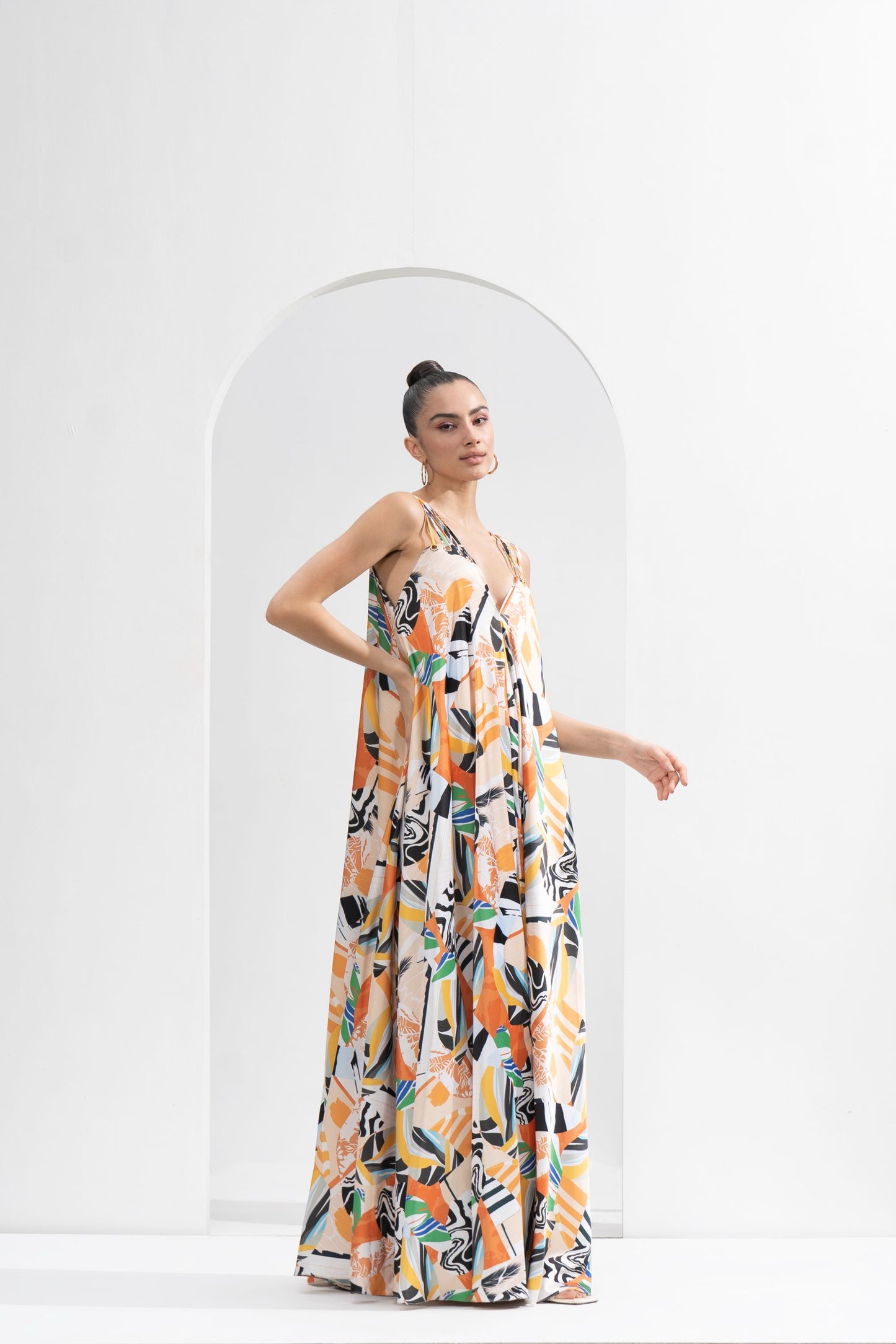 YELLOW ABSTRACT PRINTED LONG DRESS