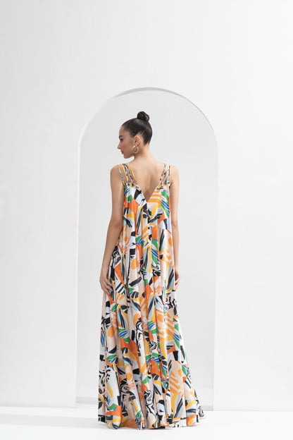 YELLOW ABSTRACT PRINTED LONG DRESS