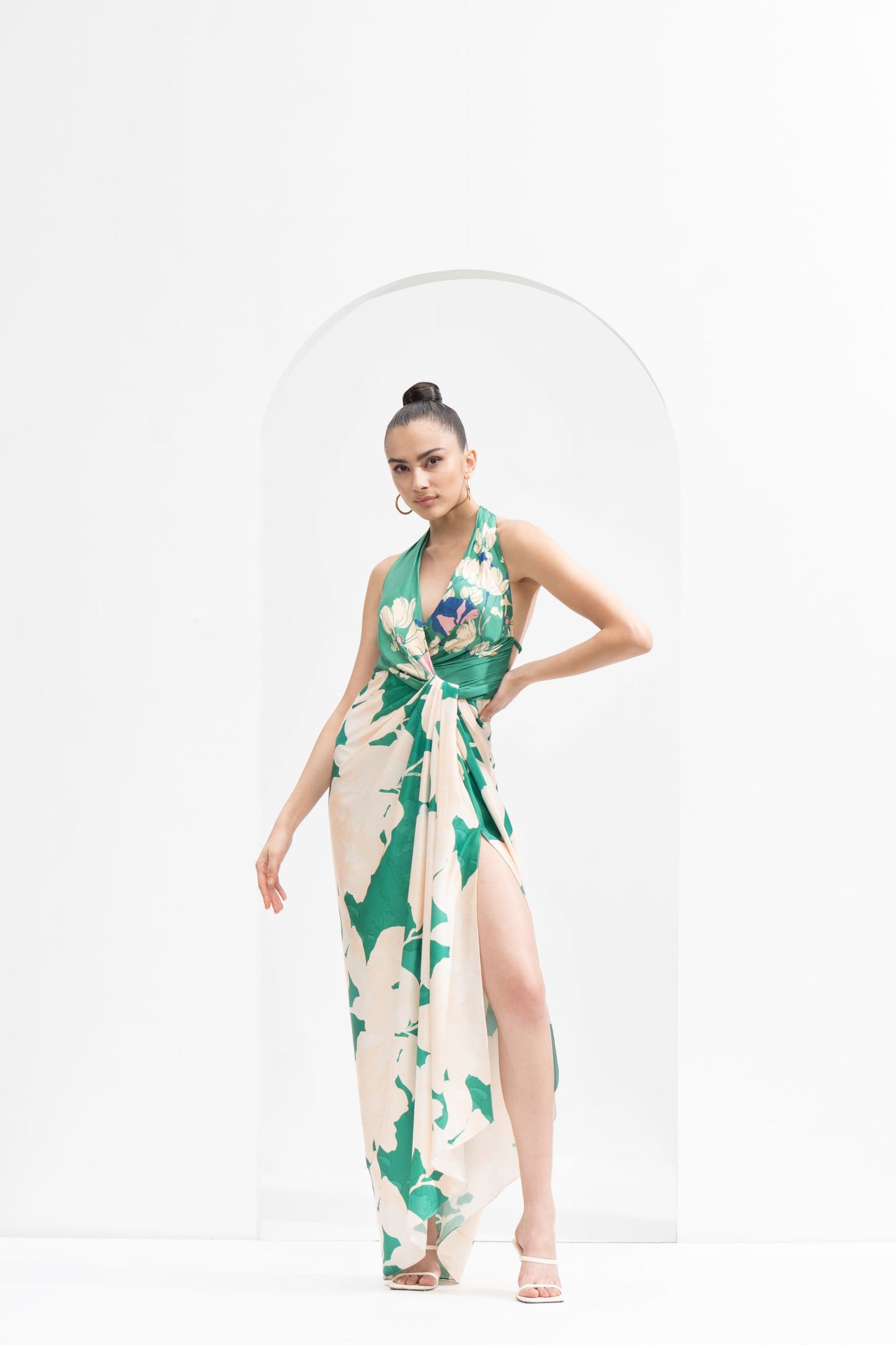 MYSTIC GREEN PLACEMENT PRINTED DRAPED HALTER NECK DRESS