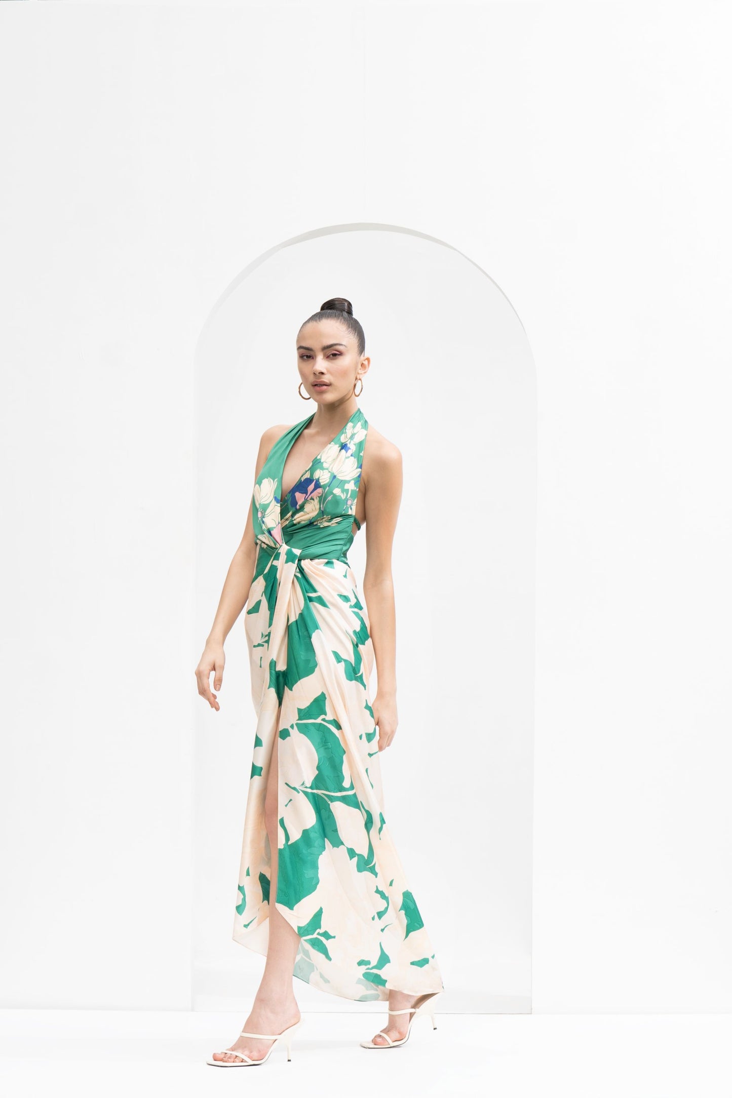 MYSTIC GREEN PLACEMENT PRINTED DRAPED HALTER NECK DRESS