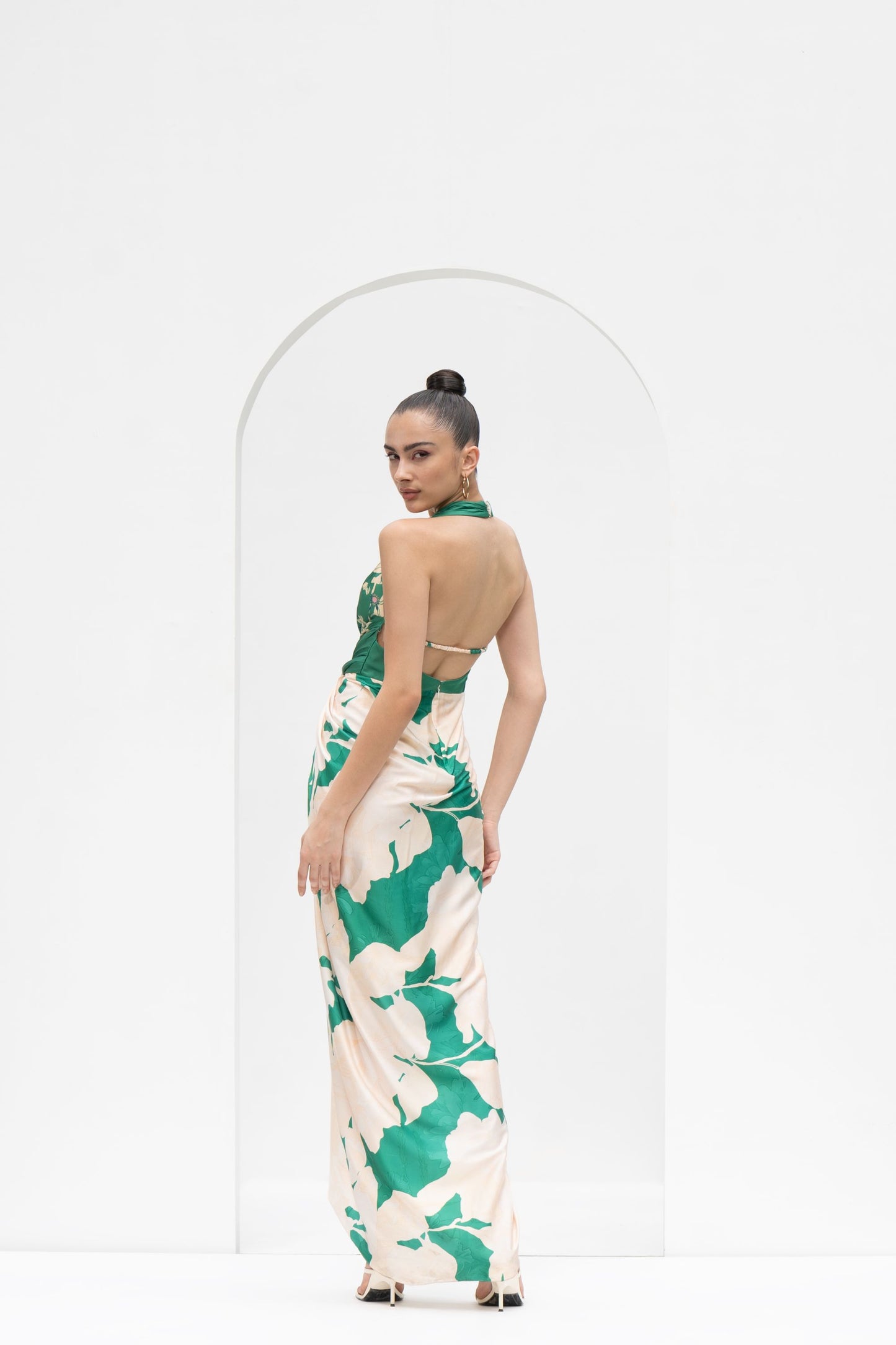 MYSTIC GREEN PLACEMENT PRINTED DRAPED HALTER NECK DRESS