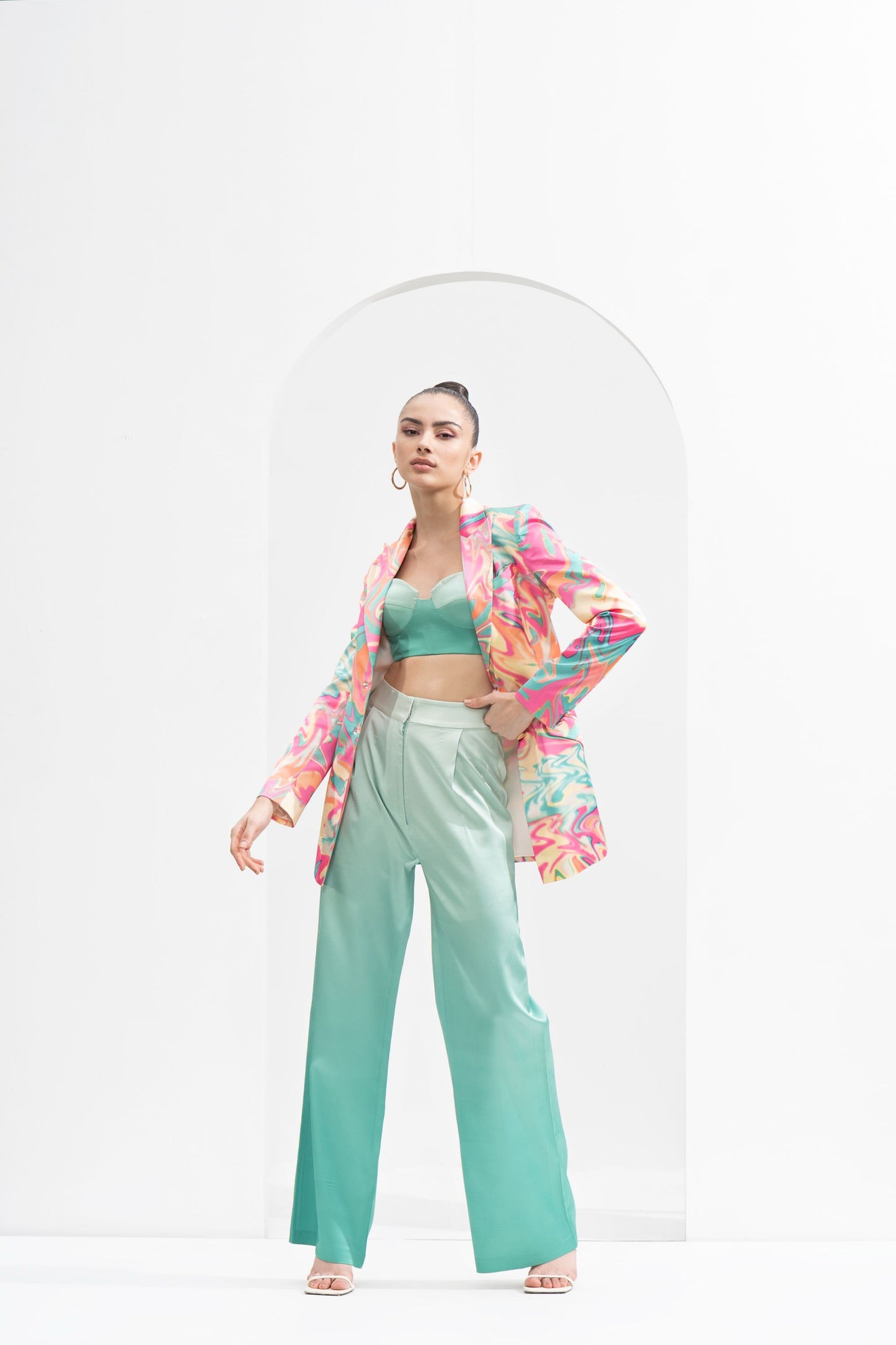 BLURRED PRINTED SATIN JACKET SET