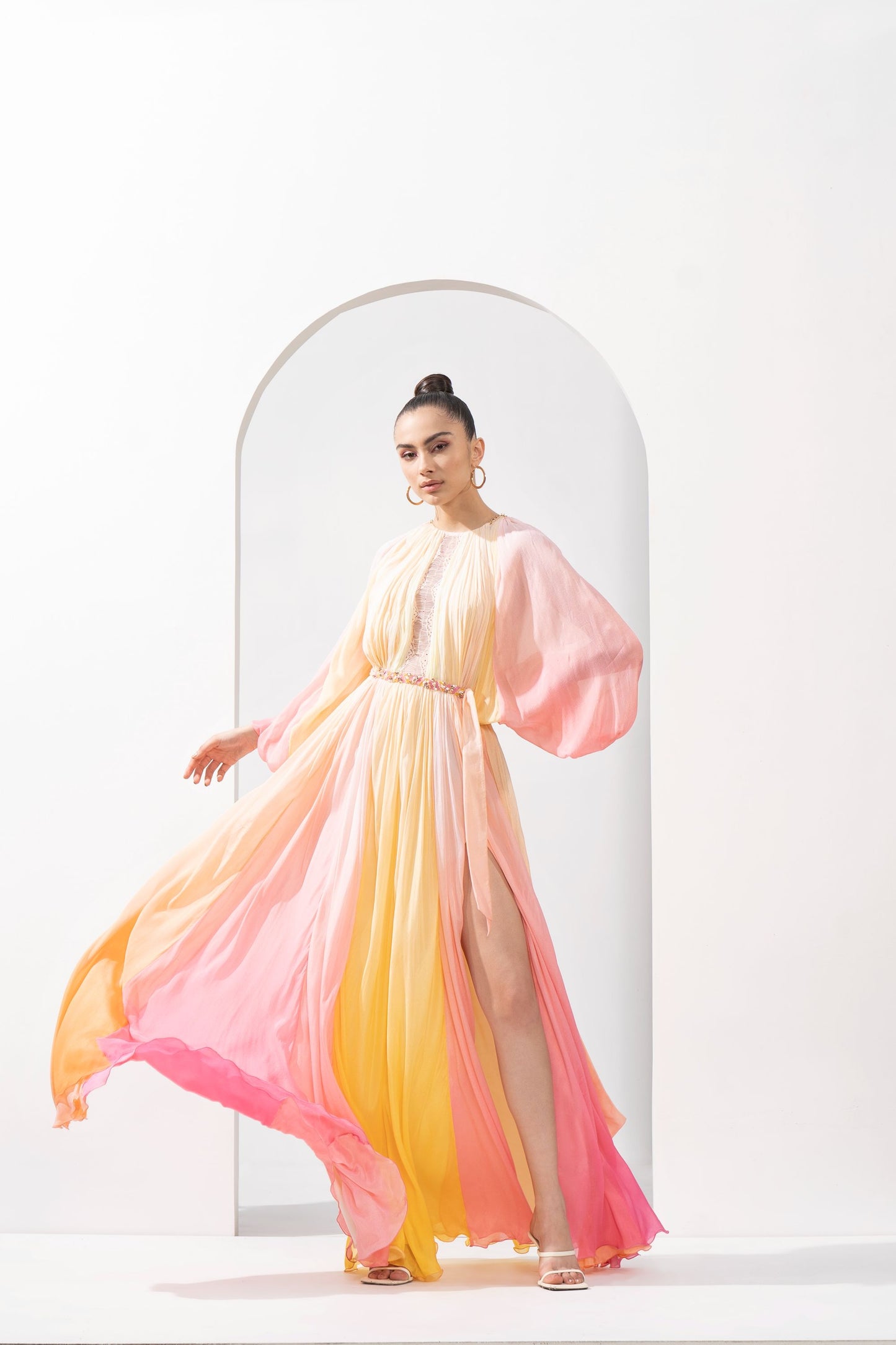 MULTICOLOUR OMBRE PRINTED CHIFFON DRESS