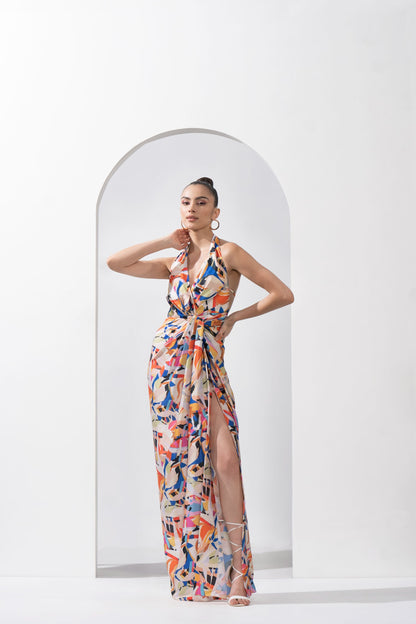 ABSTRACT GEO-PRINTED DRAPED HALTER NECK DRESS