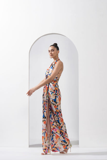 ABSTRACT GEO-PRINTED DRAPED HALTER NECK DRESS