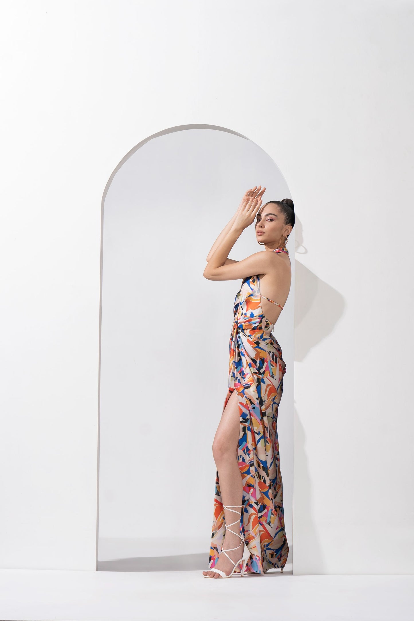 ABSTRACT GEO-PRINTED DRAPED HALTER NECK DRESS