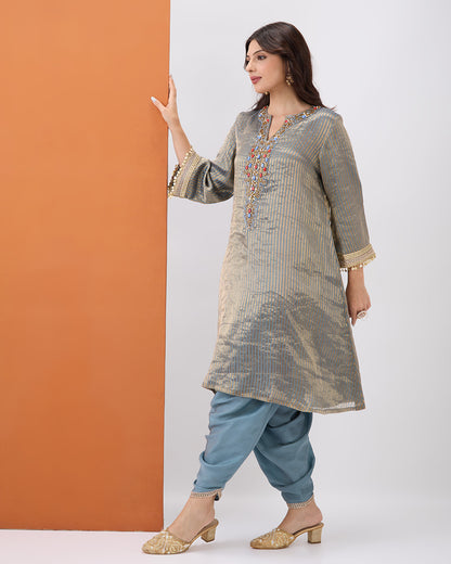 GREY TISSUE KURTA & DHOTI PANT SET