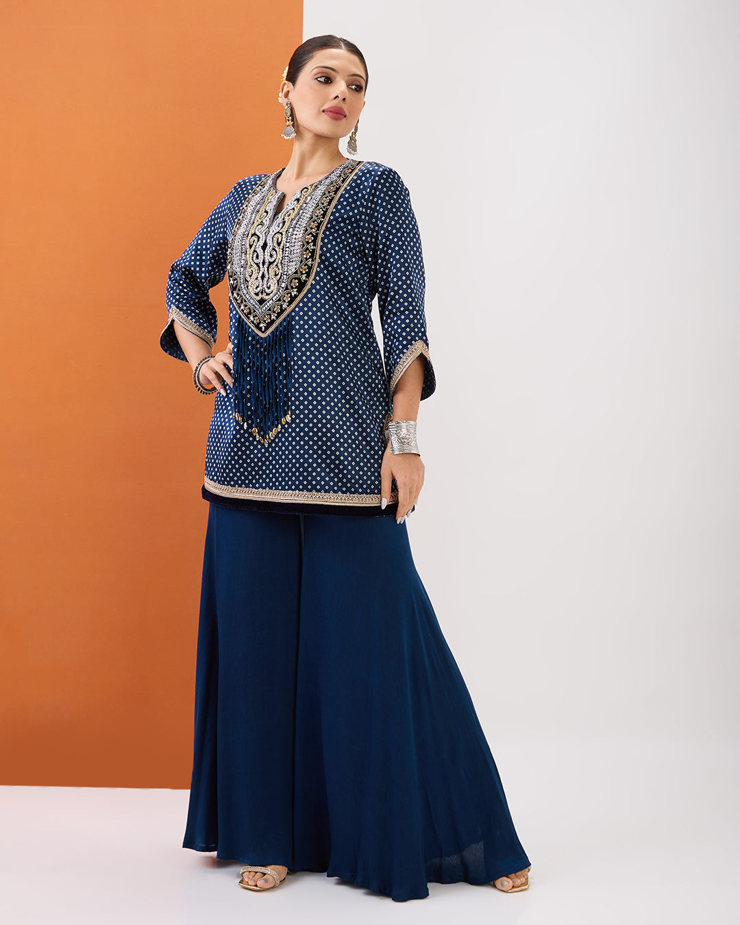 INDIGO BLUE BANDHANI PRINT SHORT KURTA & SHARARA SET