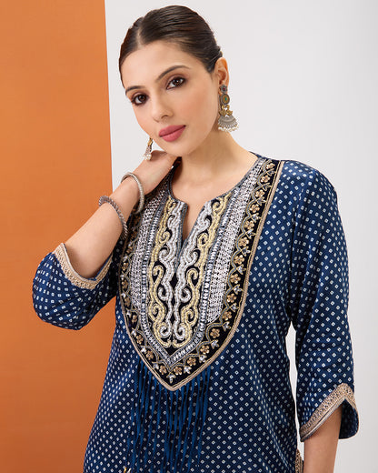 INDIGO BLUE BANDHANI PRINT SHORT KURTA & SHARARA SET