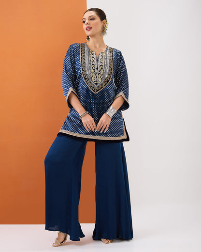 INDIGO BLUE BANDHANI PRINT SHORT KURTA & SHARARA SET