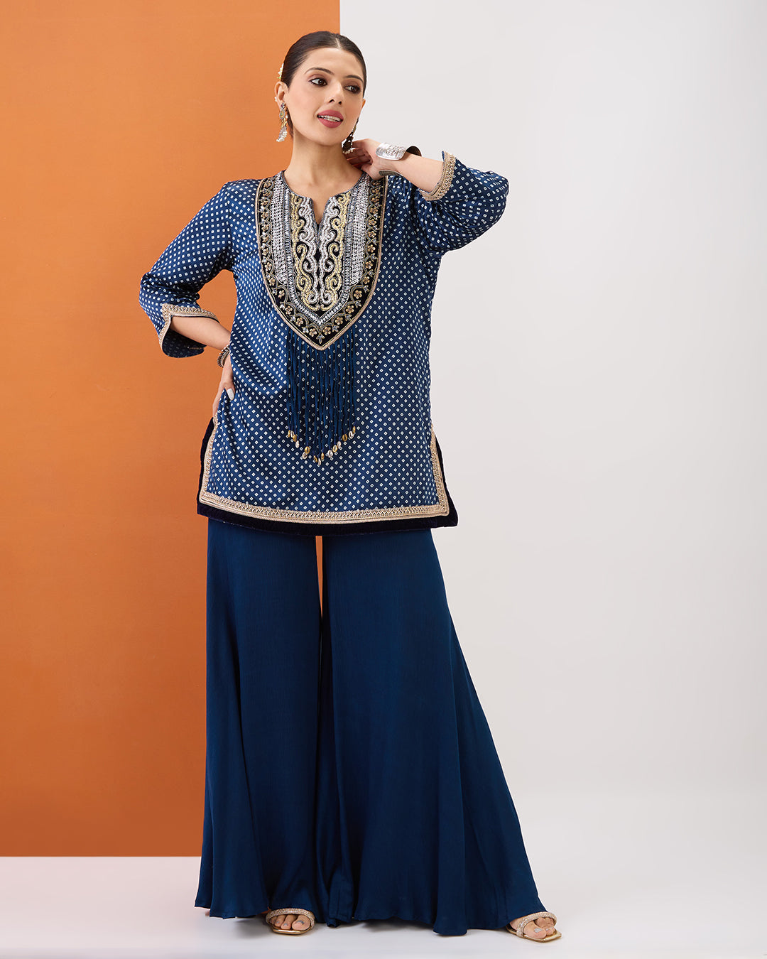 INDIGO BLUE BANDHANI PRINT SHORT KURTA & SHARARA SET