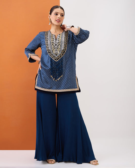 INDIGO BLUE BANDHANI PRINT SHORT KURTA & SHARARA SET
