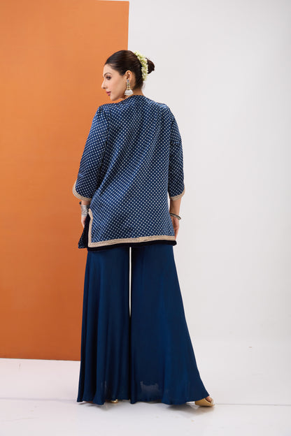 INDIGO BLUE BANDHANI PRINT SHORT KURTA & SHARARA SET