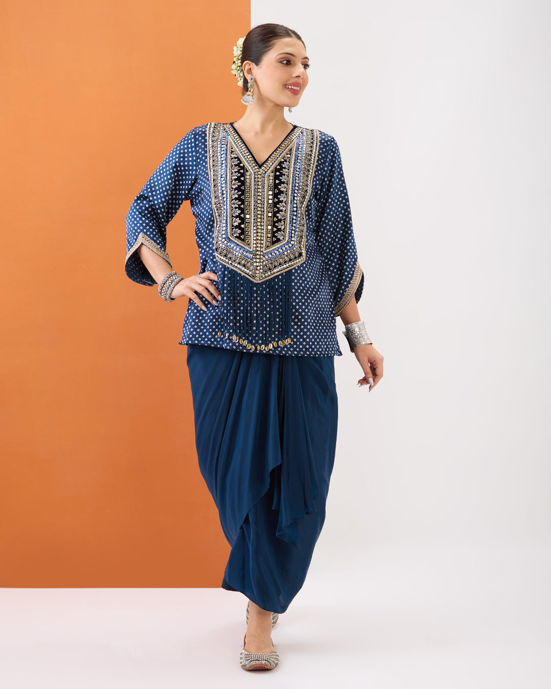 INDIGO BLUE BANDHANI SHORT TOP & DRAPED SKIRT SET