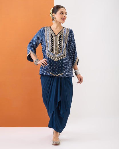 INDIGO BLUE BANDHANI SHORT TOP & DRAPED SKIRT SET