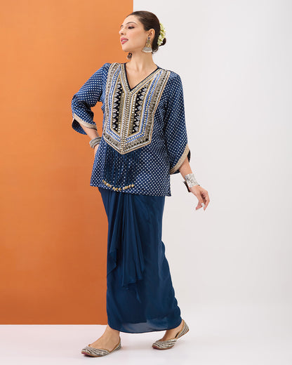 INDIGO BLUE BANDHANI SHORT TOP & DRAPED SKIRT SET