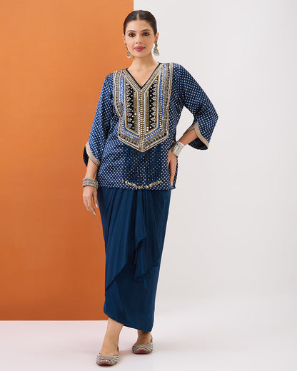 INDIGO BLUE BANDHANI SHORT TOP & DRAPED SKIRT SET