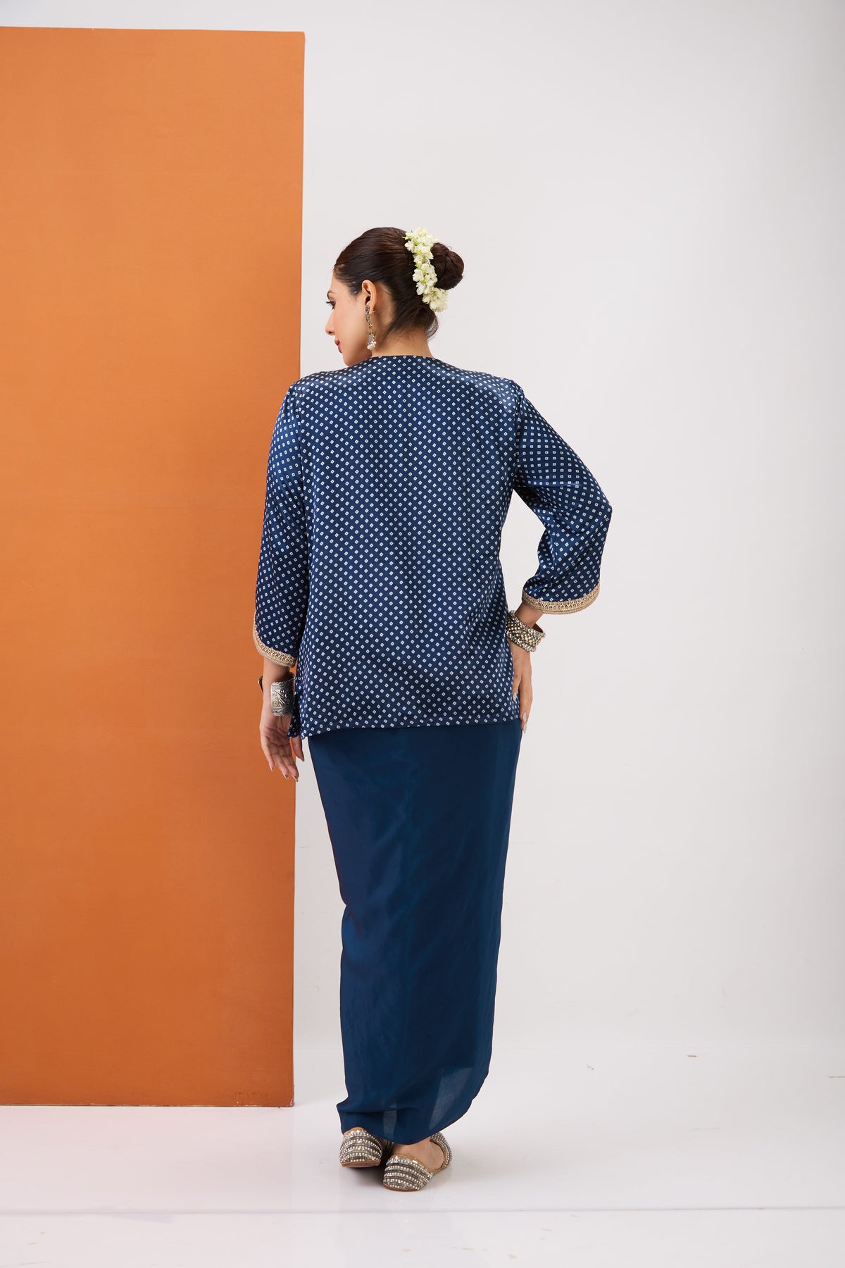 INDIGO BLUE BANDHANI SHORT TOP & DRAPED SKIRT SET