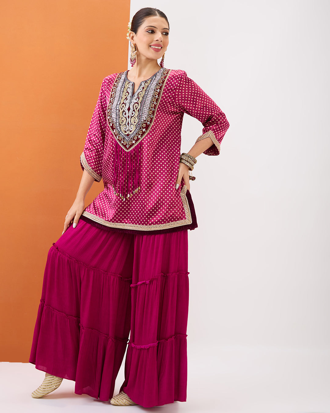 MAGENTA PINK BANDHANI SHORT KURTA & TIERED CUT SHARARA SET