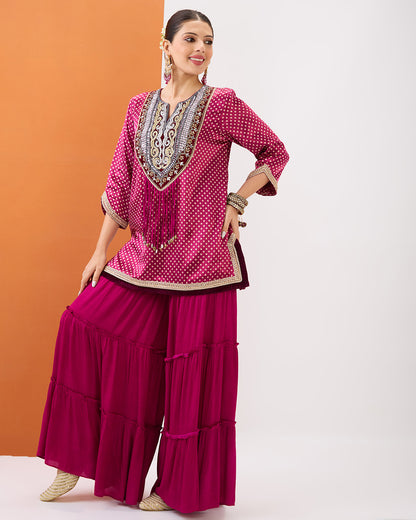MAGENTA PINK BANDHANI SHORT KURTA & TIERED CUT SHARARA SET