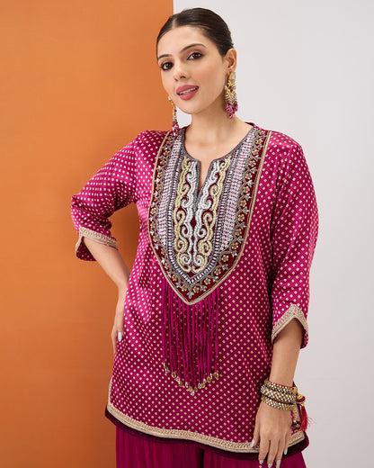 MAGENTA PINK BANDHANI SHORT KURTA & TIERED CUT SHARARA SET