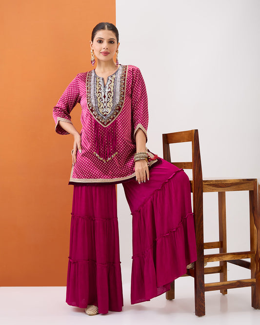 MAGENTA PINK BANDHANI SHORT KURTA & TIERED CUT SHARARA SET