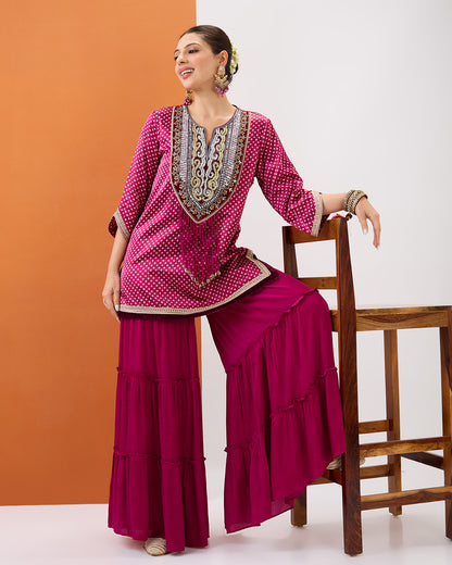 MAGENTA PINK BANDHANI SHORT KURTA & TIERED CUT SHARARA SET