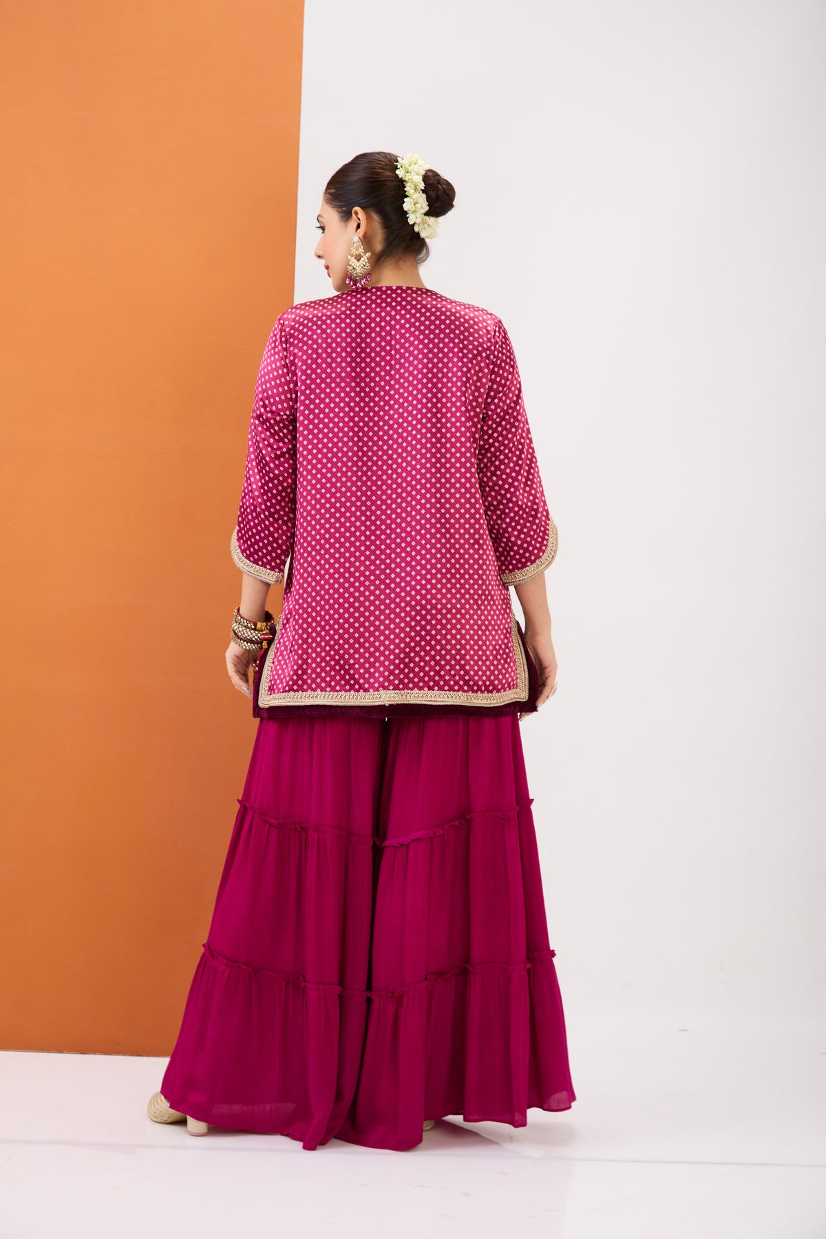 MAGENTA PINK BANDHANI SHORT KURTA & TIERED CUT SHARARA SET